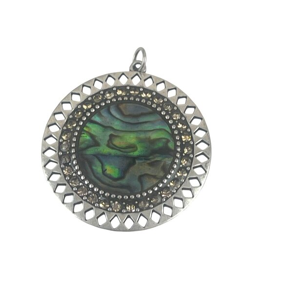 Round Silver Pendant With Abalone Shell & Rhinestone Accents 2 Inch Diameter - Picture 2 of 6